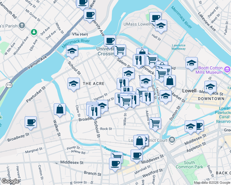 map of restaurants, bars, coffee shops, grocery stores, and more near 46 Butterfield Street in Lowell