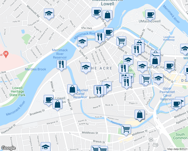 map of restaurants, bars, coffee shops, grocery stores, and more near 201 School Street in Lowell
