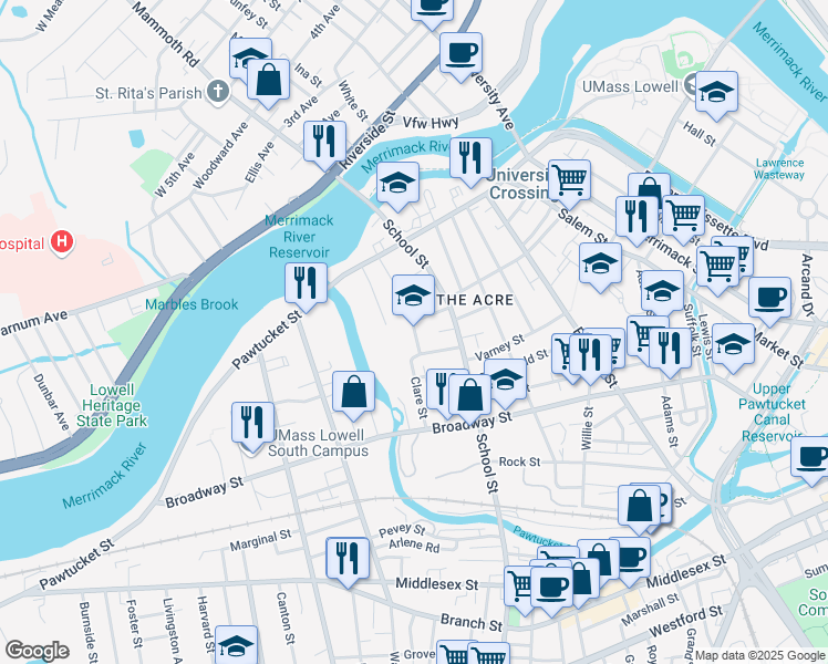 map of restaurants, bars, coffee shops, grocery stores, and more near 122 Wannalancit Street in Lowell
