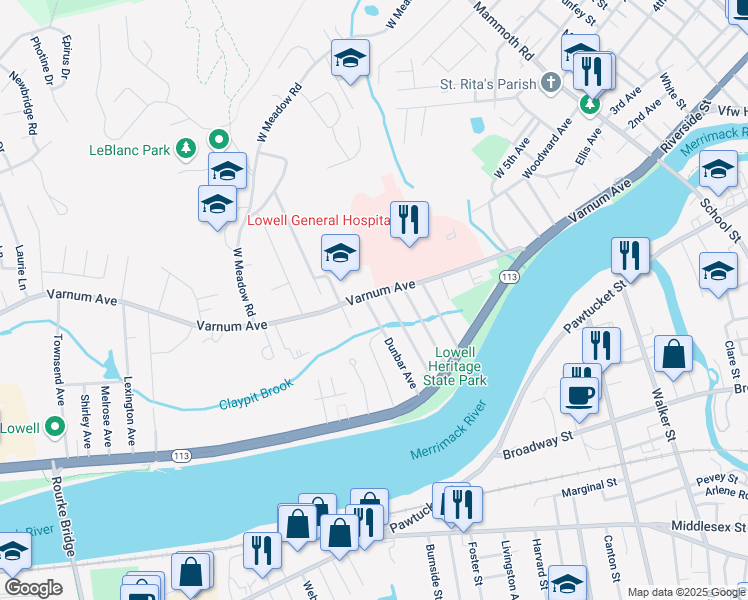 map of restaurants, bars, coffee shops, grocery stores, and more near 94 Delaware Avenue in Lowell