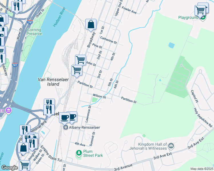 map of restaurants, bars, coffee shops, grocery stores, and more near 66 Partition Street in Rensselaer