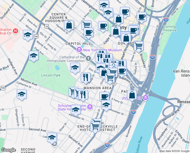 map of restaurants, bars, coffee shops, grocery stores, and more near 3.5 Wilbur Street in Albany