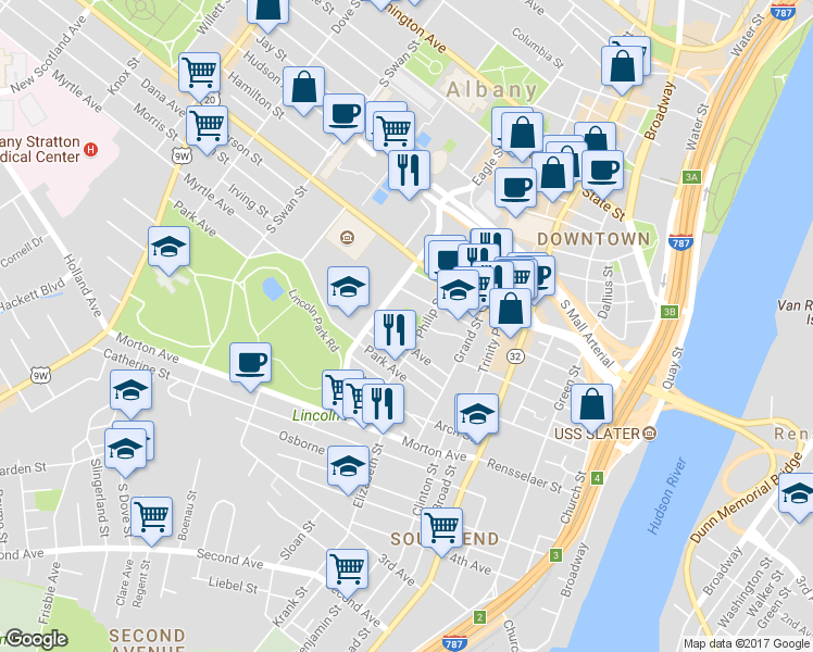 map of restaurants, bars, coffee shops, grocery stores, and more near 97 Philip Street in Albany