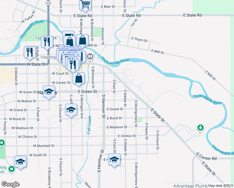 map of restaurants, bars, coffee shops, grocery stores, and more near 520 East Walnut Street in Hastings