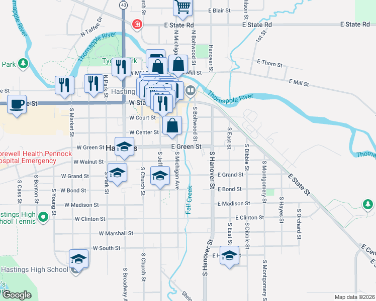 map of restaurants, bars, coffee shops, grocery stores, and more near 517 South Michigan Avenue in Hastings