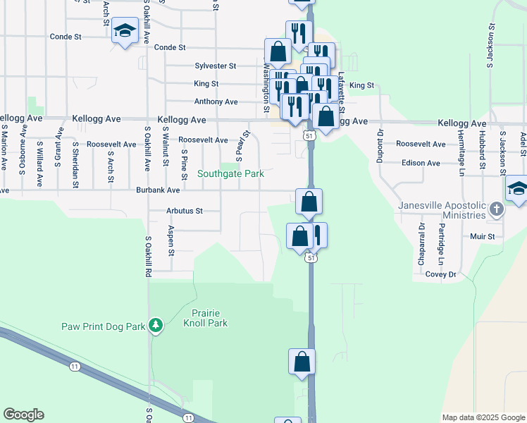 map of restaurants, bars, coffee shops, grocery stores, and more near 1100 Plum Court in Janesville