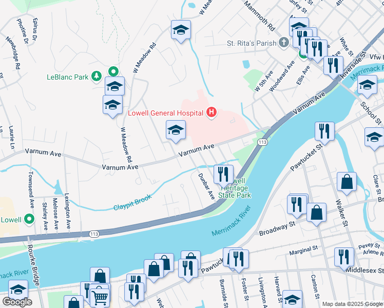 map of restaurants, bars, coffee shops, grocery stores, and more near 94 Delaware Avenue in Lowell