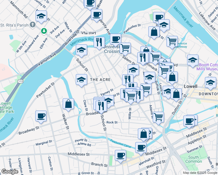 map of restaurants, bars, coffee shops, grocery stores, and more near 106 Mount Vernon Street in Lowell