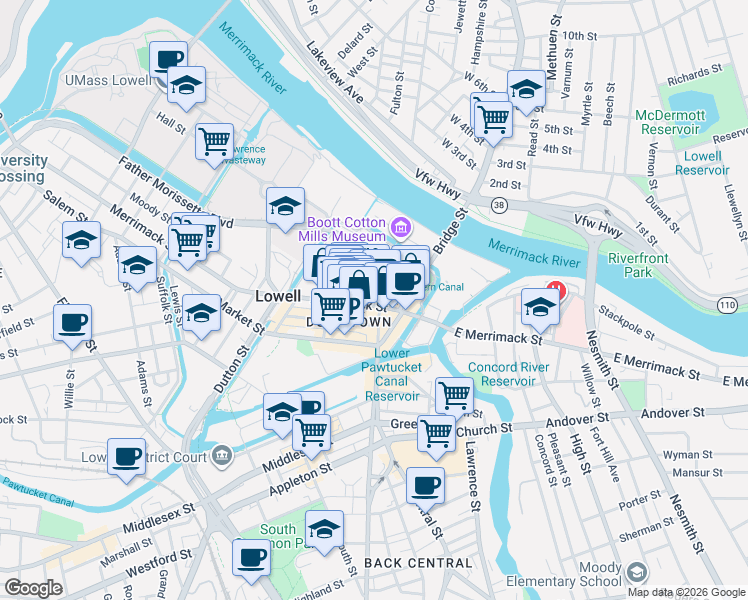 map of restaurants, bars, coffee shops, grocery stores, and more near 61 Merrimack Street in Lowell