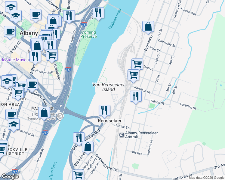 map of restaurants, bars, coffee shops, grocery stores, and more near 100 New Broadway in Rensselaer