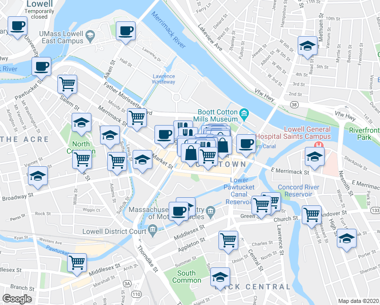 map of restaurants, bars, coffee shops, grocery stores, and more near 8 Kirk Street in Lowell