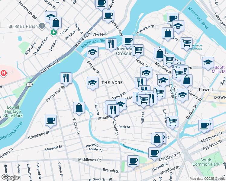 map of restaurants, bars, coffee shops, grocery stores, and more near 150 School Street in Lowell