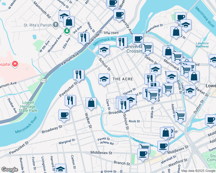 map of restaurants, bars, coffee shops, grocery stores, and more near 70 Wannalancit Street in Lowell