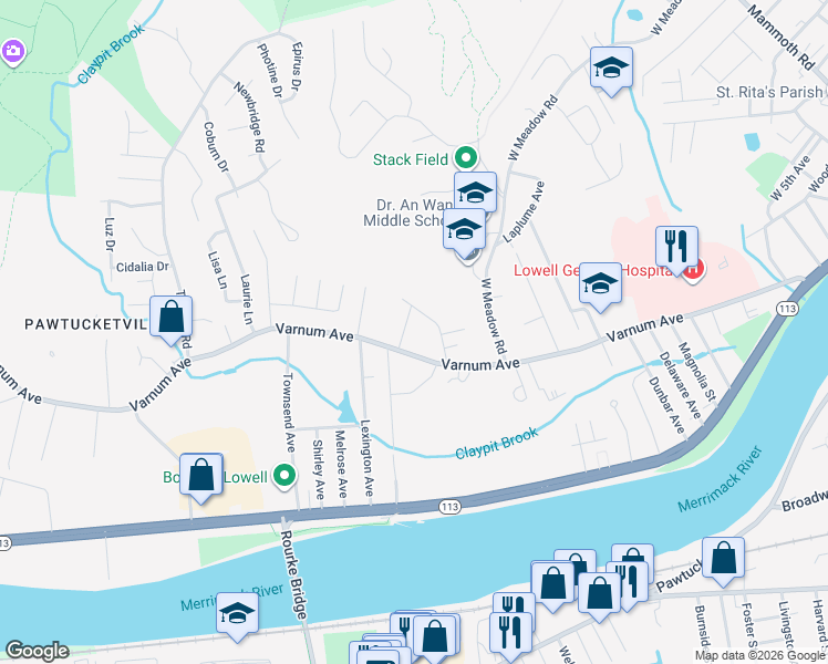 map of restaurants, bars, coffee shops, grocery stores, and more near 69 Meadowview Drive in Lowell