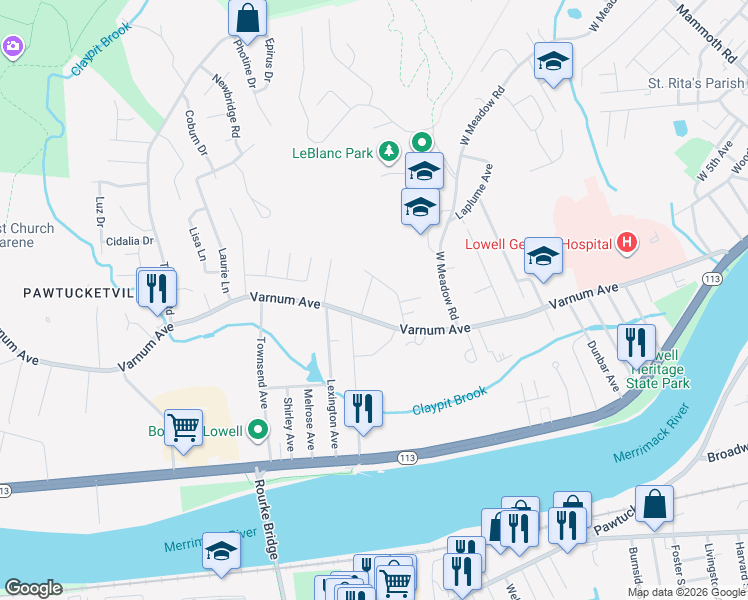 map of restaurants, bars, coffee shops, grocery stores, and more near 69 Meadowview Drive in Lowell