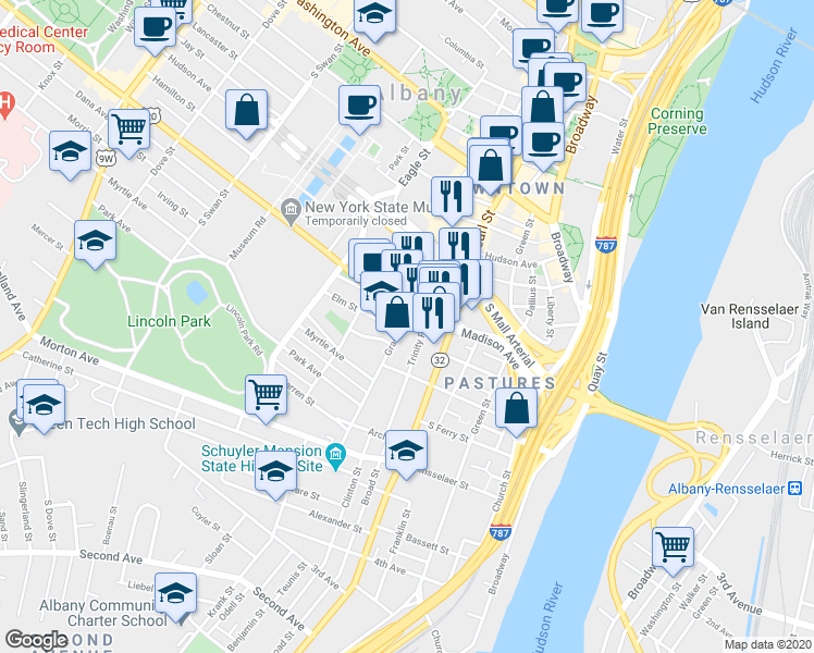 map of restaurants, bars, coffee shops, grocery stores, and more near 63 Grand Street in Albany