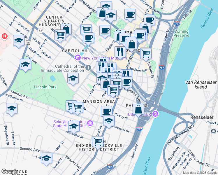 map of restaurants, bars, coffee shops, grocery stores, and more near 74 Grand Street in Albany
