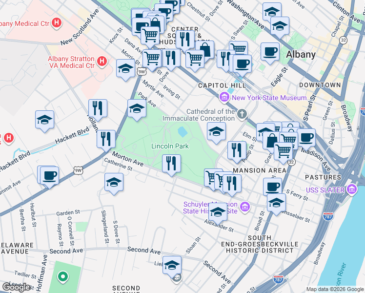 map of restaurants, bars, coffee shops, grocery stores, and more near Lincoln Park Rd in Albany