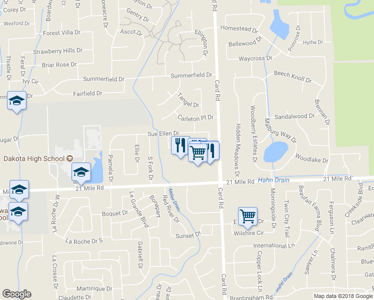 map of restaurants, bars, coffee shops, grocery stores, and more near 21640 Clifford Drive in Macomb