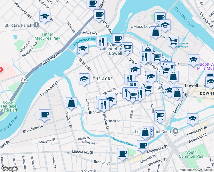 map of restaurants, bars, coffee shops, grocery stores, and more near 106 Mount Vernon Street in Lowell