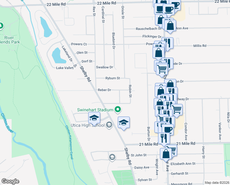 map of restaurants, bars, coffee shops, grocery stores, and more near 7175 Reber Drive in Macomb County