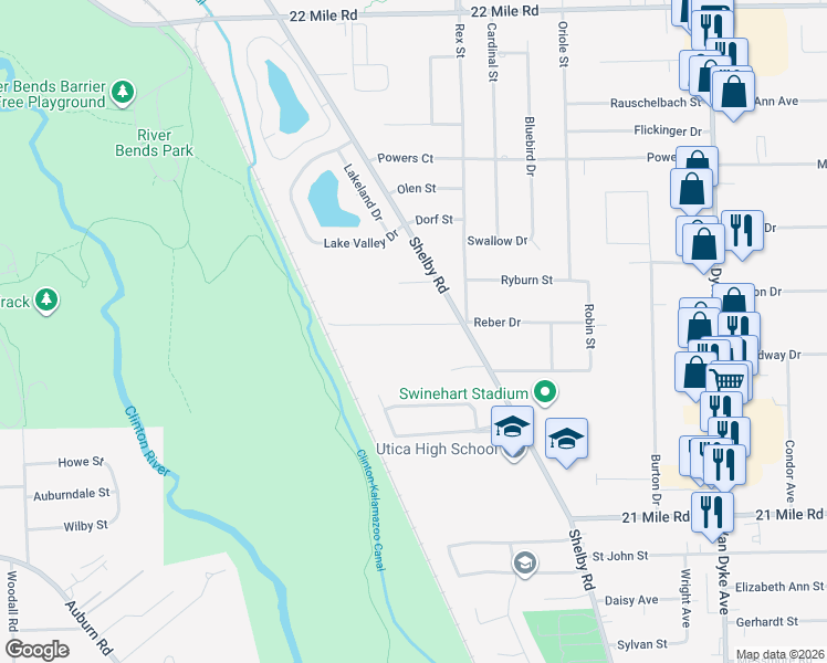 map of restaurants, bars, coffee shops, grocery stores, and more near 6730 Mayfair Road in Macomb County