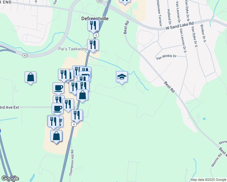 map of restaurants, bars, coffee shops, grocery stores, and more near 100 Montesorri Place in Rensselaer