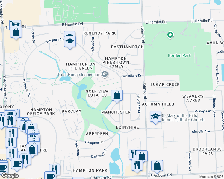 map of restaurants, bars, coffee shops, grocery stores, and more near 768 Shelley Drive in Rochester Hills