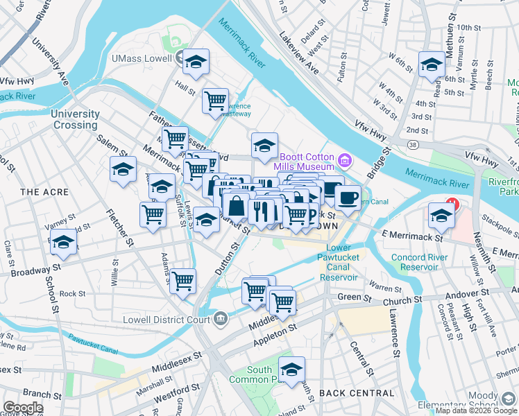 map of restaurants, bars, coffee shops, grocery stores, and more near in Lowell