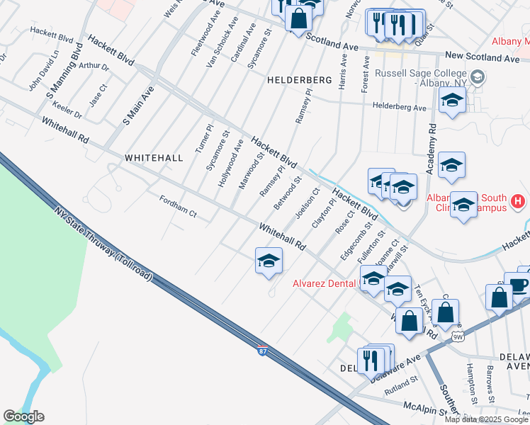 map of restaurants, bars, coffee shops, grocery stores, and more near 136 Ramsey Place in Albany