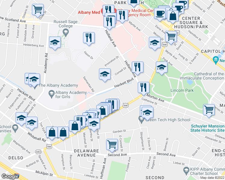 map of restaurants, bars, coffee shops, grocery stores, and more near 52 Hackett Boulevard in Albany