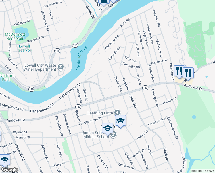 map of restaurants, bars, coffee shops, grocery stores, and more near 63 Surrey Lane in Lowell