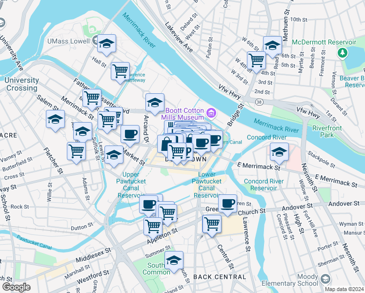 map of restaurants, bars, coffee shops, grocery stores, and more near 37 Kirk Street in Lowell