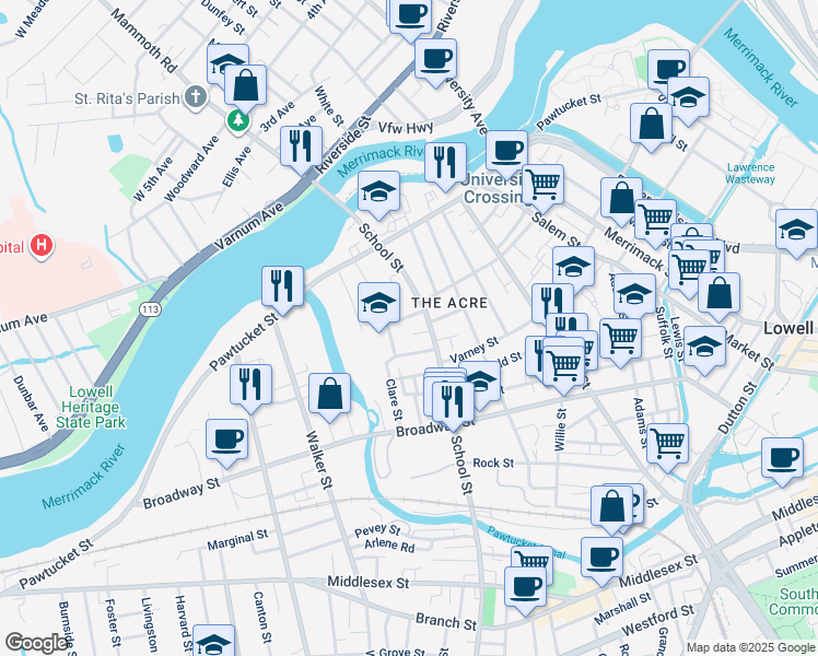 map of restaurants, bars, coffee shops, grocery stores, and more near 70 Wannalancit Street in Lowell