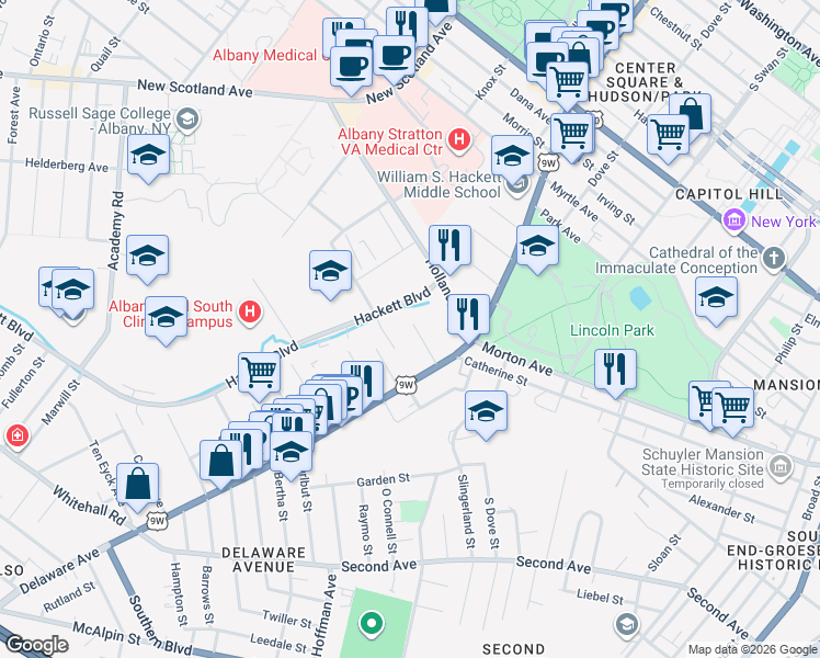 map of restaurants, bars, coffee shops, grocery stores, and more near 42 Besch Avenue in Albany