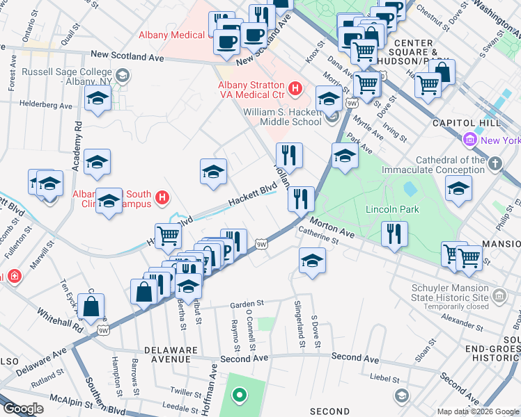 map of restaurants, bars, coffee shops, grocery stores, and more near 42 Besch Avenue in Albany