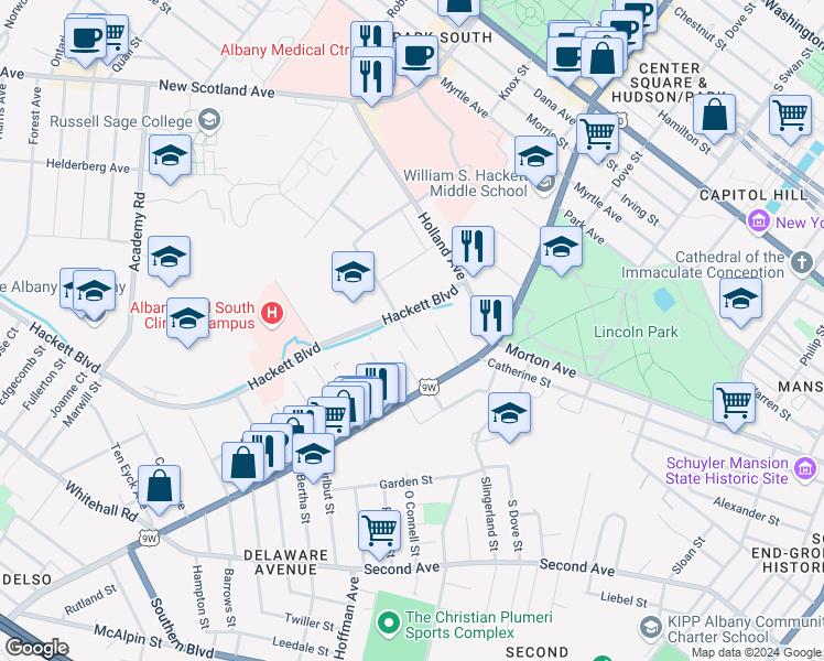 map of restaurants, bars, coffee shops, grocery stores, and more near 42 Besch Avenue in Albany