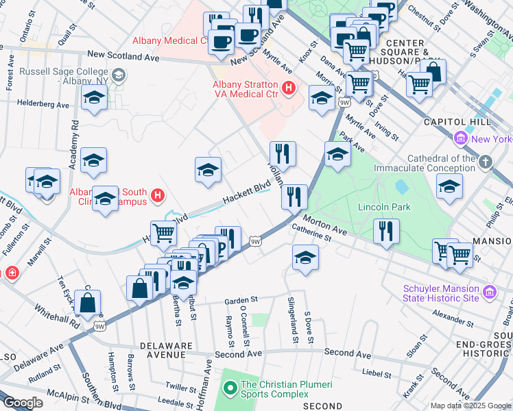 map of restaurants, bars, coffee shops, grocery stores, and more near 42 Besch Avenue in Albany
