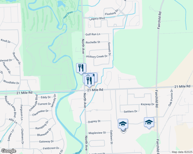 map of restaurants, bars, coffee shops, grocery stores, and more near 47216 Mission Valley Drive North in Macomb