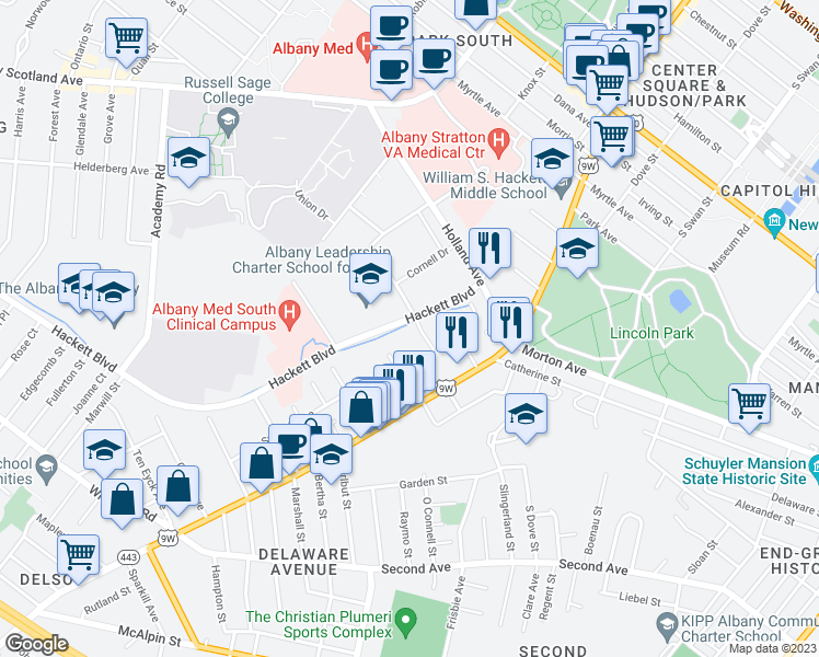 map of restaurants, bars, coffee shops, grocery stores, and more near 46 Hackett Boulevard in Albany