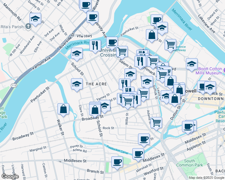 map of restaurants, bars, coffee shops, grocery stores, and more near 456 Fletcher Street in Lowell