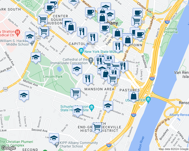 map of restaurants, bars, coffee shops, grocery stores, and more near 64 Elm Street in Albany
