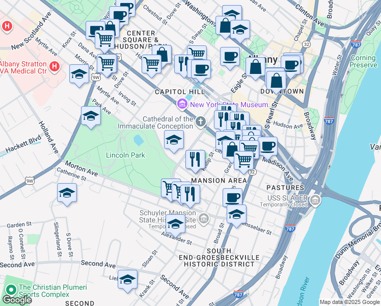map of restaurants, bars, coffee shops, grocery stores, and more near 138 Eagle Street in Albany