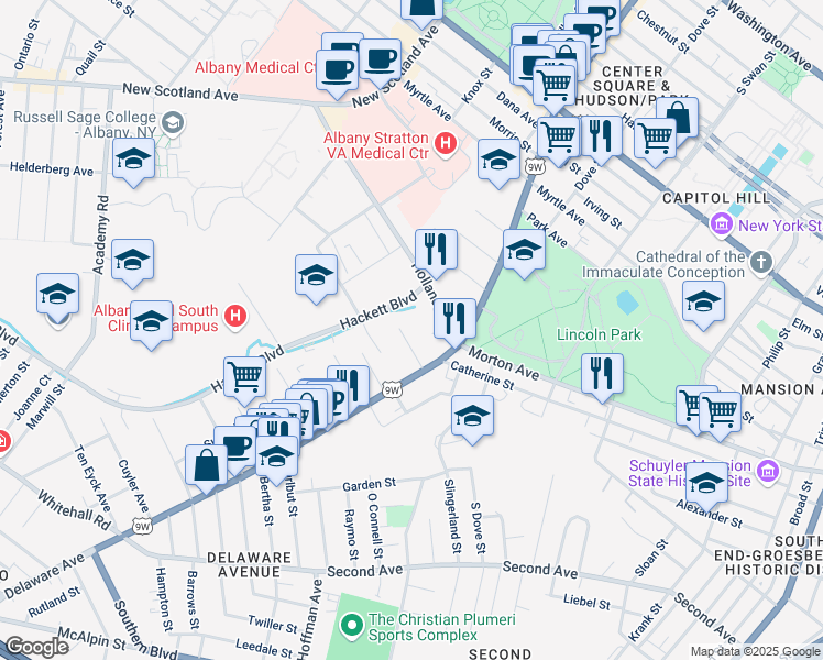 map of restaurants, bars, coffee shops, grocery stores, and more near 22 Holland Avenue in Albany