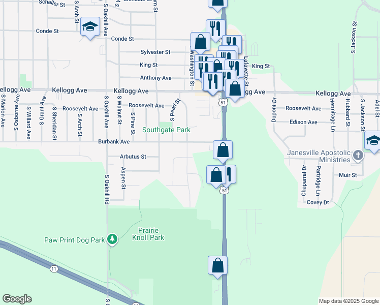map of restaurants, bars, coffee shops, grocery stores, and more near 1207 West Burbank Avenue in Janesville