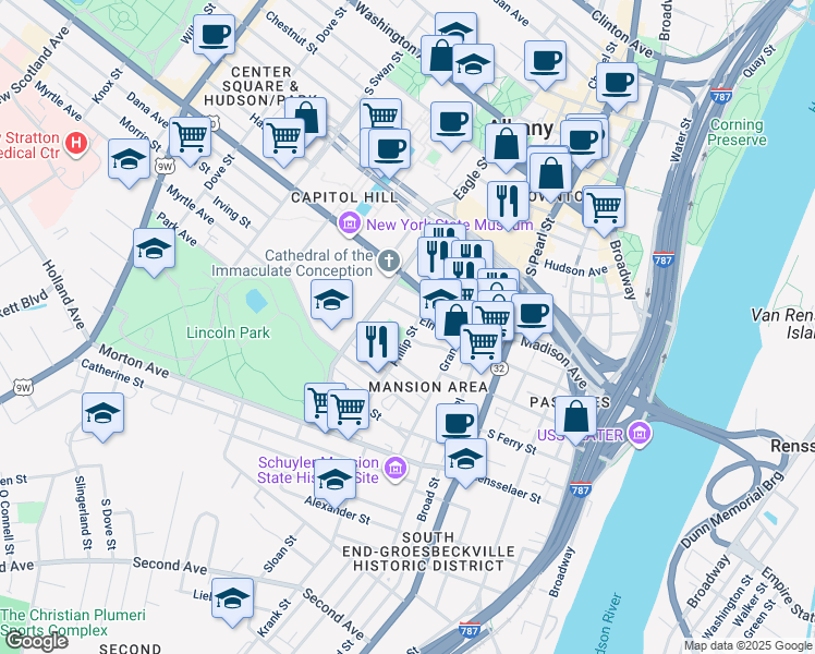 map of restaurants, bars, coffee shops, grocery stores, and more near 57 Philip Street in Albany