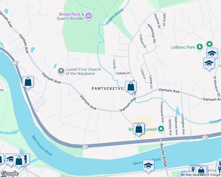 map of restaurants, bars, coffee shops, grocery stores, and more near in Lowell