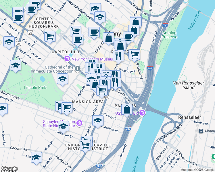 map of restaurants, bars, coffee shops, grocery stores, and more near 121 Madison Avenue in Albany