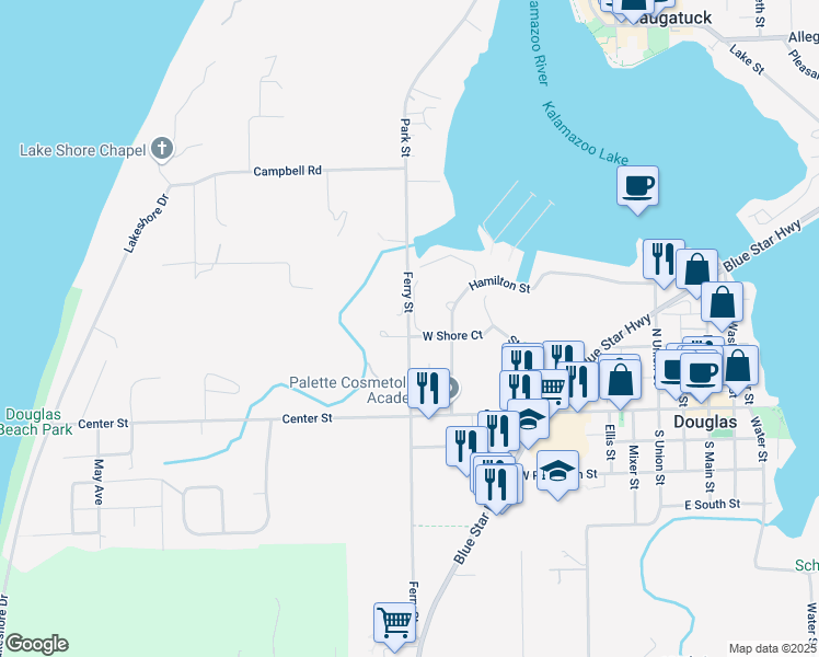 map of restaurants, bars, coffee shops, grocery stores, and more near 224 Ferry Street in Douglas