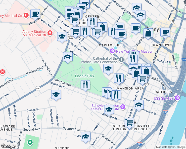 map of restaurants, bars, coffee shops, grocery stores, and more near Lincoln Park Road in Albany
